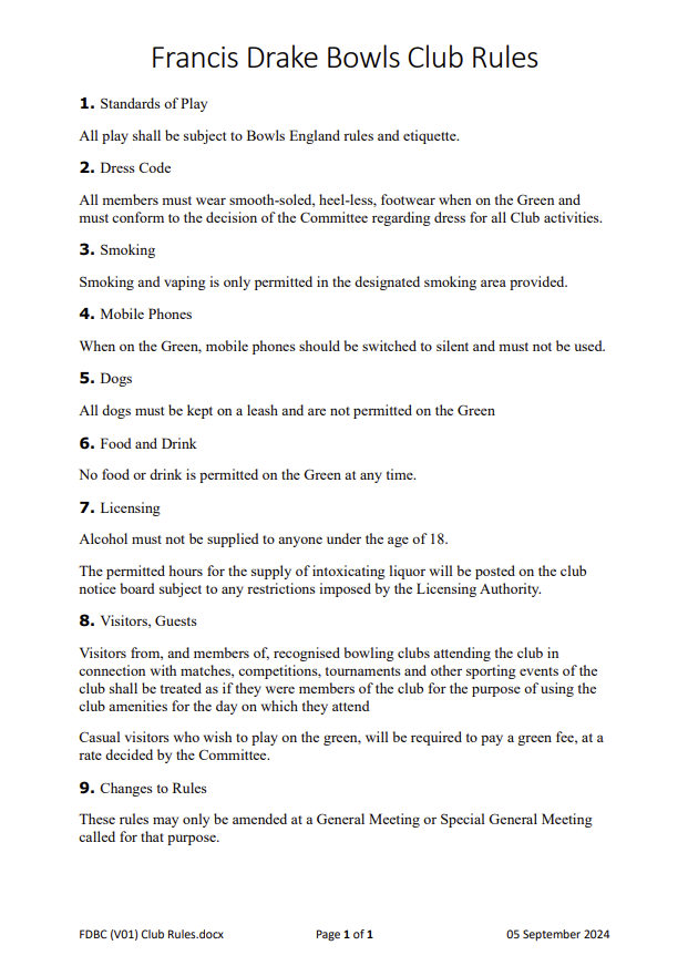 Francis Drake Bowls Club, Hilly Fields, Brockley, SE4 1QE. FDBC Club Rules
